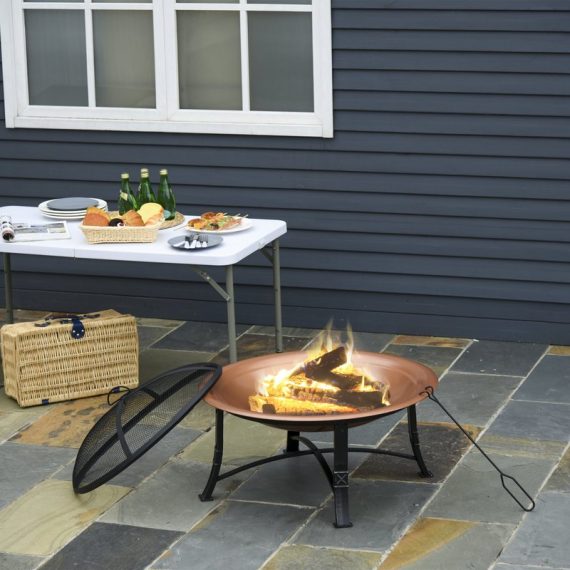 Outsunny Outdoor Patio Steel Fire Pit Bowl for Backyard, Camping, Picnic, Bonfire, Garden w/Spark Screen Cover, Log Grate, Poker, Bronze Colored 842-173 5056399149092