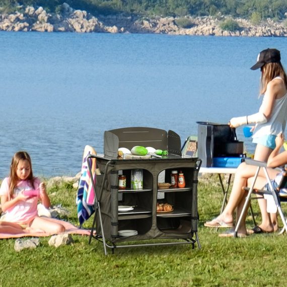 Outsunny Camping Cupboard Foldable Camping Kitchen Storage Unit w/ Windshield & 6 Shelves for BBQ Party Picnics Backyards with Carrying Bag A20-198 5056399150944