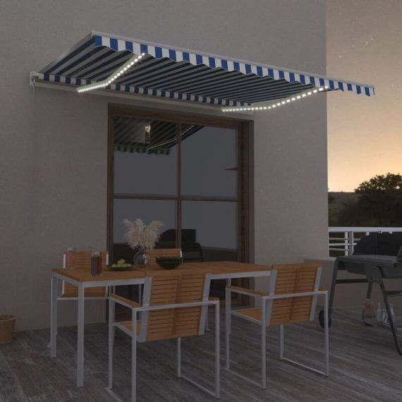 Hommoo - Manual Retractable Awning with LED 450x350 cm Blue and White DDvidaXL3069001_UK