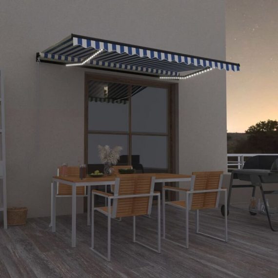 Manual Retractable Awning with led 450x300 cm Blue and White - Hommoo DDvidaXL3069121_UK