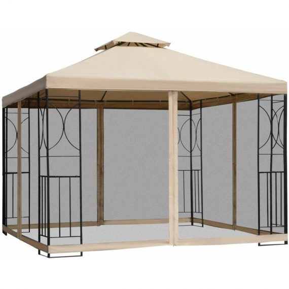 3x3(m) Outdoor Gazebo Patio Pavilion Canopy Tent w/ Netting & Shelf - Sand Colour Fabric, Black Frame - Outsunny 5056029833735 5056029833735