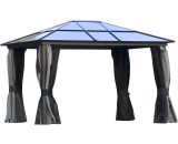 3.6x3(m) Aluminium Hardtop Gazebo Canopy w/ Polycarbonate Top, Curtains - Black - Outsunny 5056534571887 5056534571887