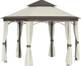 3.4m Steel Gazebo Pavillion for Outdoor w/ Curtains and 2 Tier Roof - Beige - Outsunny 5056399122484 5056399122484