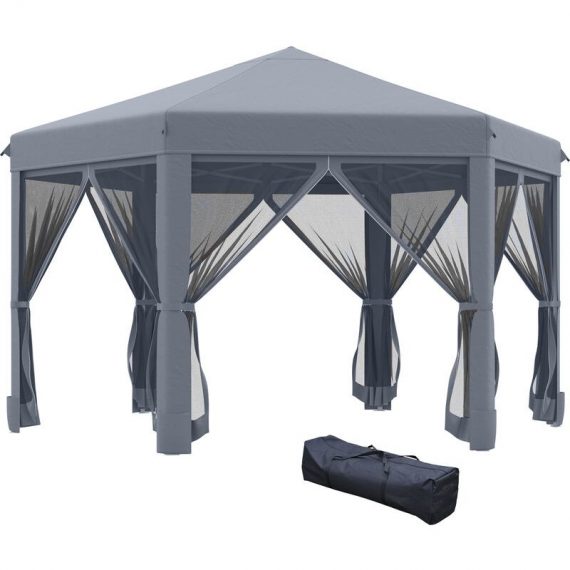 3.2m Pop Up Gazebo Hexagonal Canopy Tent Outdoor w/Sidewalls Grey - Grey - Outsunny 5056399127861 5056399127861