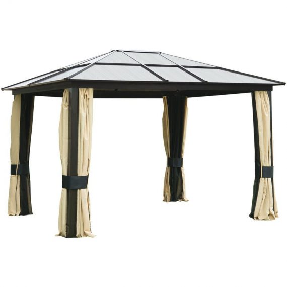 3.6 x 3(m) Hardtop Gazebo Canopy with Mosquito Netting and Curtains - Brown - Outsunny 5055974826595 5055974826595