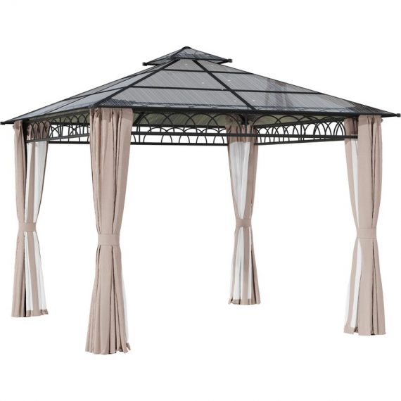 Outsunny 3 x 3 (m) Outdoor Polycarbonate Gazebo, Double Roof Hard Top Gazebo with Galvanized Steel Frame, Nettings & Curtains 84C-364V00KK 5056602933005