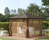 Outsunny 3 x 3 Meters Patio Aluminium Gazebo Hardtop Metal Roof Canopy Party Tent Garden Outdoor Shelter with Mesh Curtains & Side Walls - Brown 84C-094V01 5056534550356