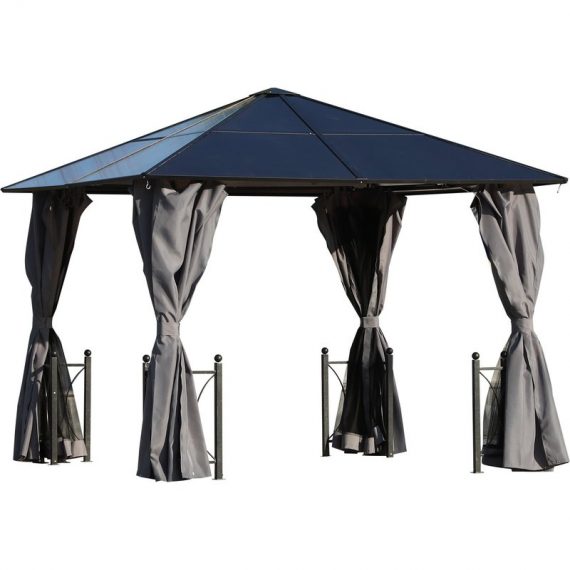Outsunny 3 x 3(m) Hardtop Gazebo Canopy with Polycarbonate Roof, Steel & Aluminium Frame, Garden Pavilion with Mosquito Netting and Curtains, Black 84C-171 5056399100635