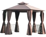 Outsunny Hexagon Gazebo Patio Canopy Party Tent Outdoor Garden Shelter w/ 2 Tier Roof & Side Panel - Brown 84C-052CF 5056029886953