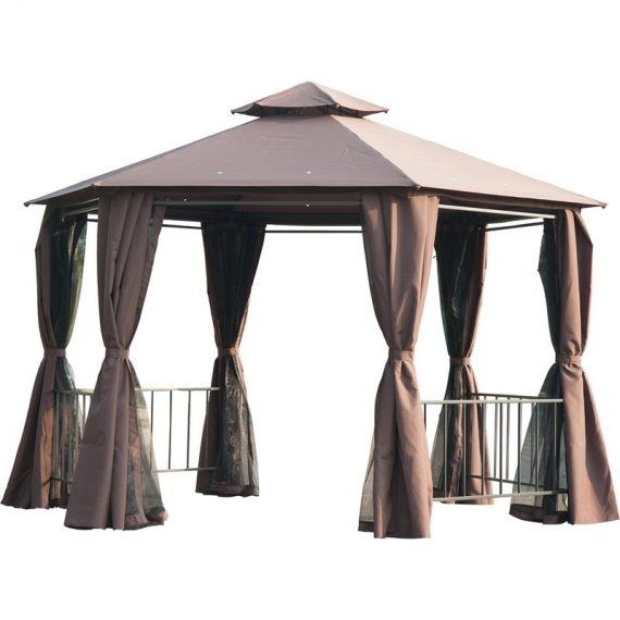 Outsunny Hexagon Gazebo Patio Canopy Party Tent Outdoor Garden Shelter w/ 2 Tier Roof & Side Panel - Brown 84C-052CF 5056029886953