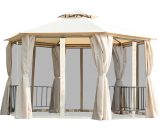 Outsunny Hexagon Gazebo Patio Canopy Party Tent Outdoor Garden Shelter w/ 2 Tier Roof & Side Panel - Beige 84C-052YL 5056029886960
