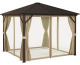 Outsunny 3 x 3 m Garden Gazebo with Netting and Curtains, Hard Top Gazebo Canopy Shelter w/ Metal Roof, Aluminium Frame, for Garden, Lawn 84C-094V02BN 5056725385118