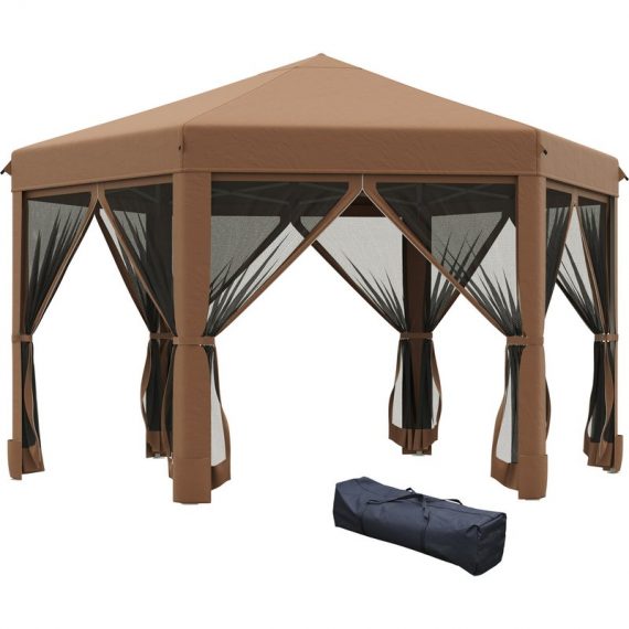 Outsunny 3.2m Pop Up Gazebo Hexagonal Canopy Tent Outdoor Sun Protection with Mesh Sidewalls, Handy Bag, Brown 84C-227BN 5056399151064