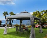 Outsunny 3(M)x3(M) Garden Gazebo Double Top Outdoor Canopy Patio Event Party Wedding Tent Backyard Sun Shade with Mesh Curtain - Grey 84C-028GY 5056725349974