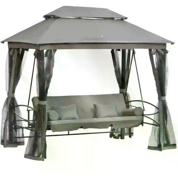 Outsunny 3 Seater Swing Chair Hammock Gazebo Patio Bench Outdoor with Double Tier Canopy, Cushioned Seat, Mesh Sidewalls, Grey 84A-056V70 5061025034925