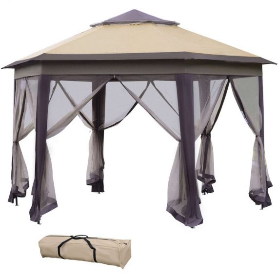 Outsunny Hexagon Patio Gazebo Pop Up Gazebo Outdoor Double Roof Instant Shelter with Netting, 4m x 4m, Beige 84C-120 5056029879238