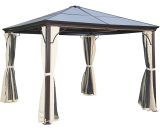 Outsunny 3 x 3(m) Hardtop Gazebo Canopy with Polycarbonate Roof and Aluminium Frame, Garden Pavilion with Mosquito Netting and Curtains, Brown 01-0871 5056029892145