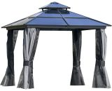 Outsunny 3 x 3(m) Polycarbonate Hardtop Gazebo Canopy with Double-Tier Roof and Aluminium Frame, Garden Pavilion with Mosquito Netting and Curtains 84C-215 5056534558796