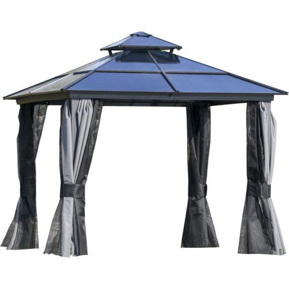 Outsunny 3 x 3(m) Polycarbonate Hardtop Gazebo Canopy with Double-Tier Roof and Aluminium Frame, Garden Pavilion with Mosquito Netting and Curtains 84C-215 5056534558796