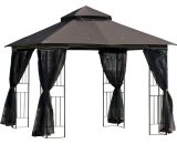 Outsunny Gazebo Garden Outdoor Canopy Double Tier Roof with Removable Mesh Curtains Display Shelves Top Hooks-Coffee 84C-184CF 5061025070978