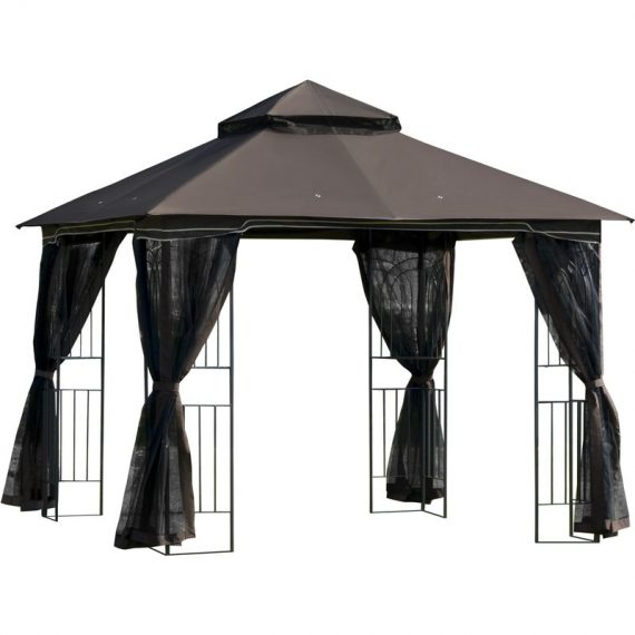 Outsunny Gazebo Garden Outdoor Canopy Double Tier Roof with Removable Mesh Curtains Display Shelves Top Hooks-Coffee 84C-184CF 5061025070978